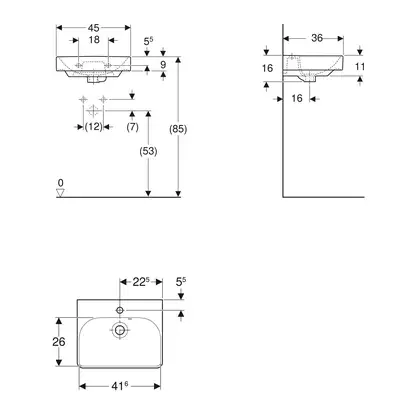 Маленькая (мини) раковина Geberit Smyle Square 45 х 36 х h16 см, с асимметричным переливом (500.222.01.1) фото 3 Aquada.com.ua