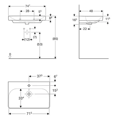 Раковина подвесная Geberit Smyle Square 75 х 48 х h16,5 см, с 1 отверстием под смеситель (500.249.01.1) фото 3 Aquada.com.ua