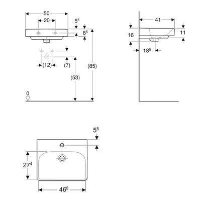 Маленькая (мини) раковина Geberit Smyle Square 50 х 41 х h16 см (500.256.01.1) фото 3 Aquada.com.ua