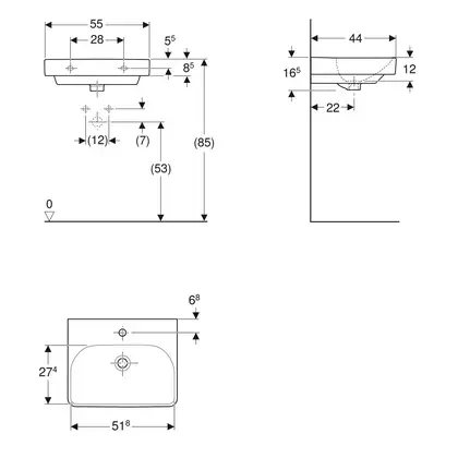 Раковина подвесная Geberit Smyle Square 55 х 44 х h16,5 см, с 1 отверстием под смеситель (500.259.01.1) фото 3 Aquada.com.ua
