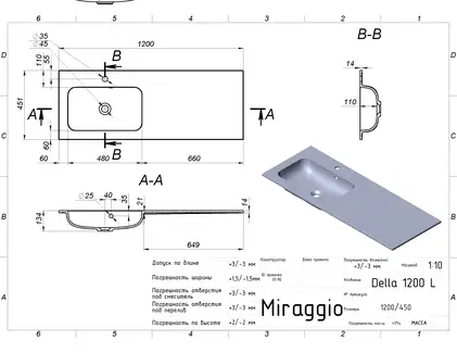 MIRAGGIO Умывальник DELLA 1200 L MATT (0000913)