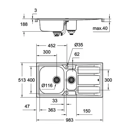 GROHE Мийка для кухні 983 x 513 мм з ексцентриком, 2 чаши, матова (31569SD0) GROHE Мийка для кухні 983 x 513 мм з ексцентриком, 2 чаши, матова (31569SD0)