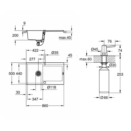 Набор Grohe мойка кухонная K500 31644AP0 + дозатор для моющего средства Contemporary 40536000 (31644AP040536000)