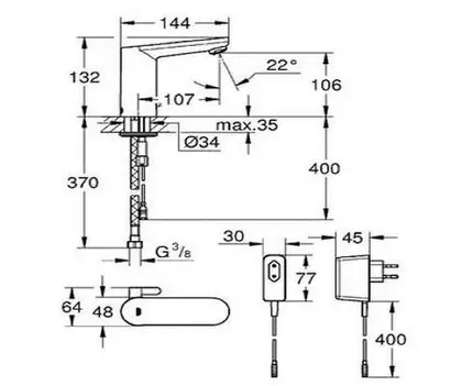 Grohe Змішувач для умивальника Eurosmart Cosmopolitan E з адаптером 100-230V, хром (36325001)