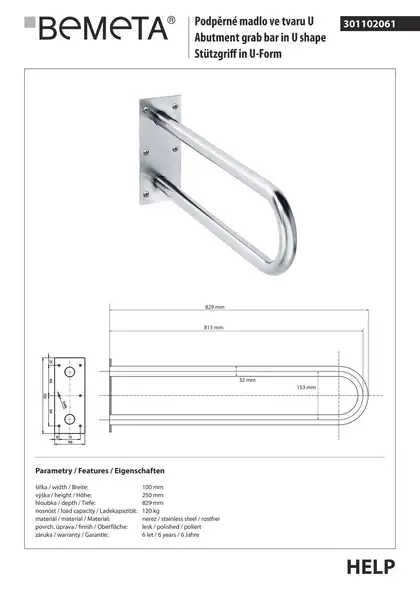 Поручень U-подібний 813mm, нерж.блиск 301102061 HELP Bemeta Чехія