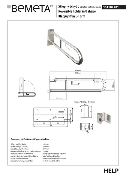 301102281 HELP: поручень U-подібний 813mm, нерж.полірована  Bemeta Чехія (301102281)