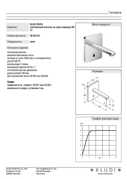 Kludi Змішувач ZENTA  д/умив. електр. 3850205