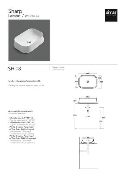 Умивальник SH08 Sharp 60х42, прямокутний, накладний, white без отв. SIMAS (SH08 white)