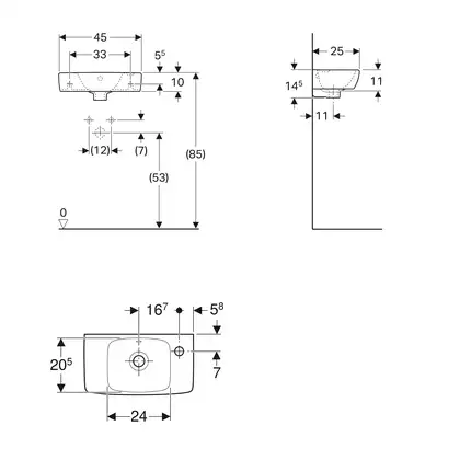 Маленькая (мини) раковина Geberit Selnova Compact 45 х 25 см, с 1 отверстием под смеситель справа (500.318.01.1)