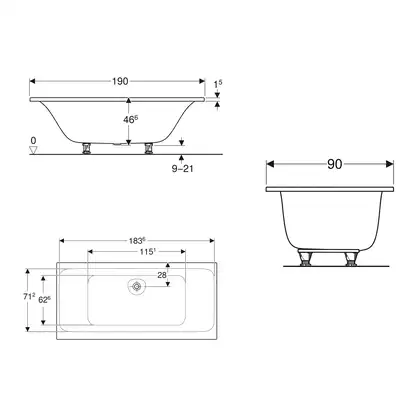 Ванна акриловая 190 х 90 х h46,6 см Geberit Tawa, slim rim, Duo в комплекте с ножками (554.125.01.1)