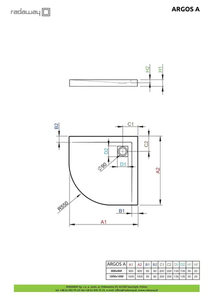 Душовий піддон Argos A 90x90 см, RADAWAY (4AA99-01)