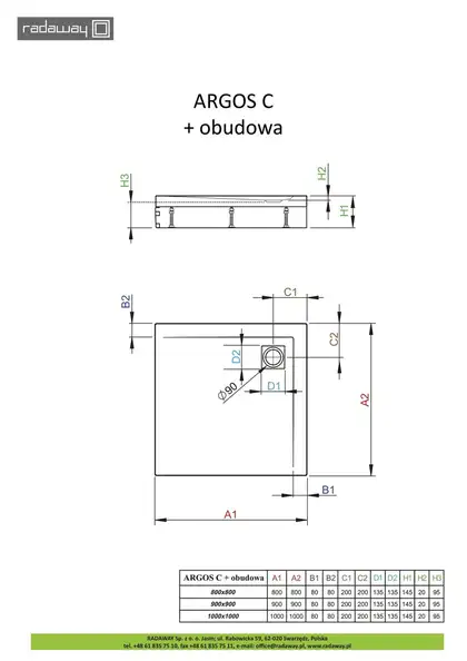 Душовий піддон зі з'ємною панеллю Argos C 100x100 см, RADAWAY (4ACN1010-02)