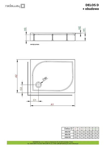 Душовий піддон зі з'ємною панеллю Delos D 90x75 см лівий, RADAWAY (4D97514-03L)