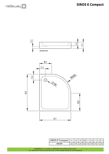 Душовий піддон Siros E Compact 90x80 см правий, RADAWAY (SBE9817-1R)