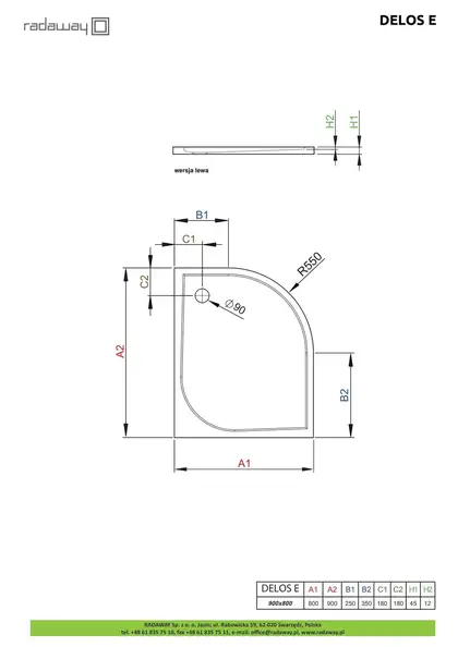 Душовий піддон Delos E 90x80см правий, RADAWAY (SDE8090-01R)