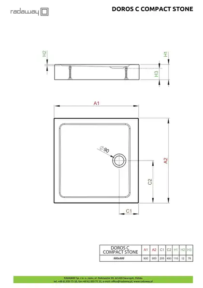 Душовий піддон Doros C Compact Stone Anthracite 90x90 см, RADAWAY (SDRC9090-05-64S)