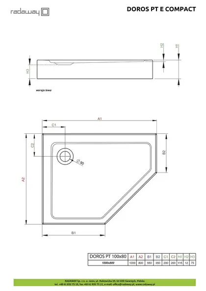 Душовий піддон Doros PT E Compact 100x80 см правий, RADAWAY (SDRPTP1080-05R)