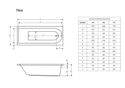 Ванна прямокутна NEA 170x70, RADAWAY (WA1-02-170x070U)