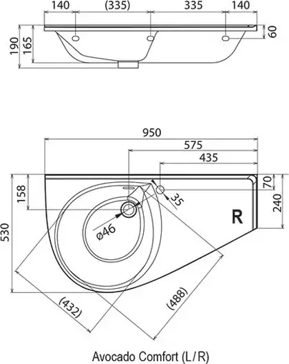 Раковина угловая Ravak Avocado Comfort 950х530х190 мм (правый вариант) (XJ9P1100000)