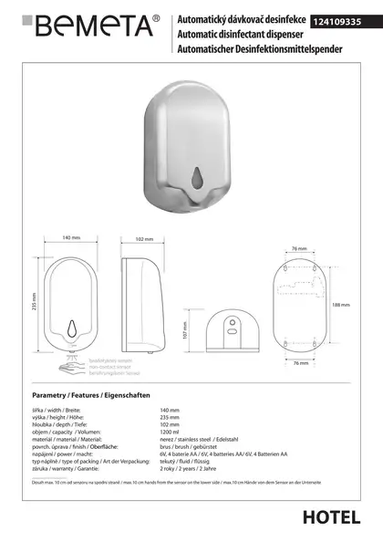 Дозатор для дезинфектора автоматичний Hotel (124109334), Bemeta (124109335)