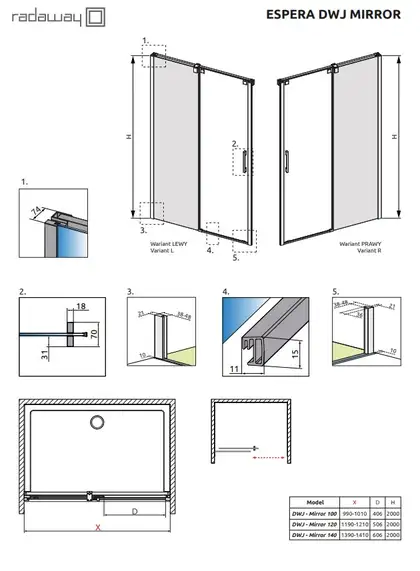 Душова стінка Espera DWJ Mirror 450 права, RADAWAY (380210-71R)