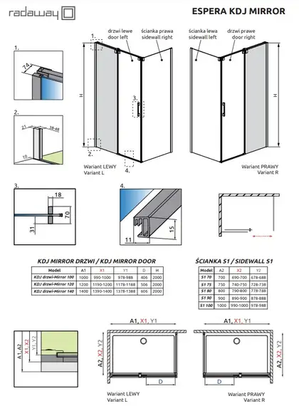 Душова стінка Espera KDJ Mirror 450 права, RADAWAY (380230-71R)