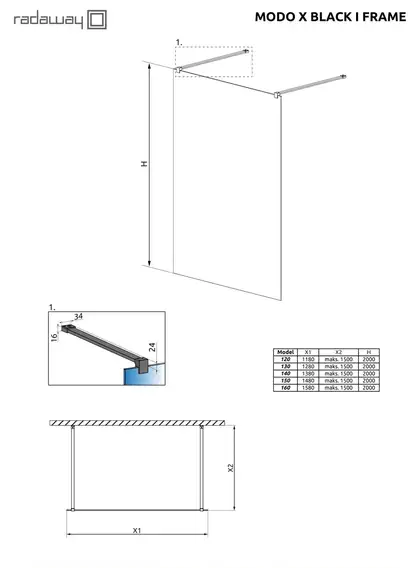 Душова стінка Modo X Black I 140 Frame RADAWAY (388344-54-58)