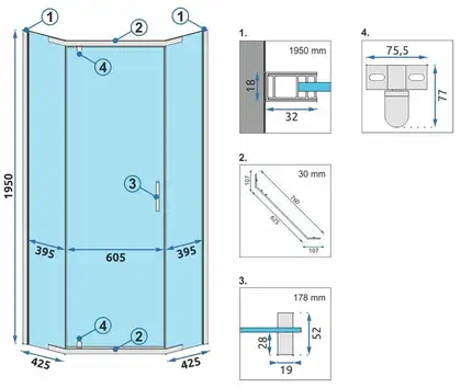 Душова Кабіна Rea Axin 90x90 + Душевий Піддон Чорний 90x90 KPL-K8779-8543