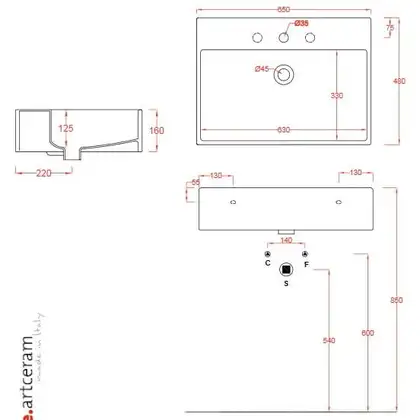 Умивальник підвісний Artceram QUADRO 65х48 (QUL003 01; 00)