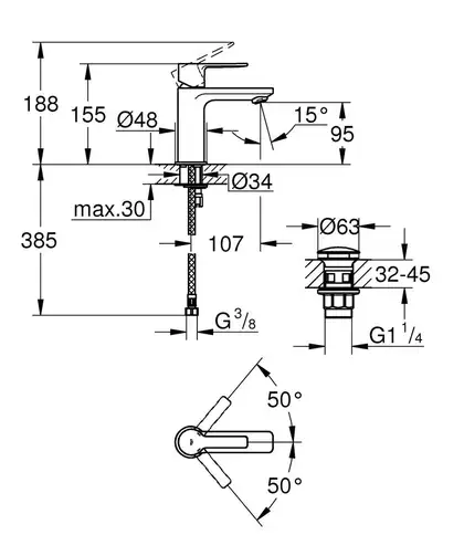 Змішувач для умивальника Grohe Lineare New XS-Size з донним клапаном, хром (23791001)