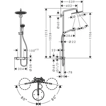 Душова система Hansgrohe Croma Select S 280 1jet Showerpipe з термостатом, matt white (26890700)