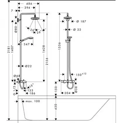 Душова система Hansgrohe Croma Select S Showerpipe 180 2jet з термостатом для ванни, білий / хром (27351400)