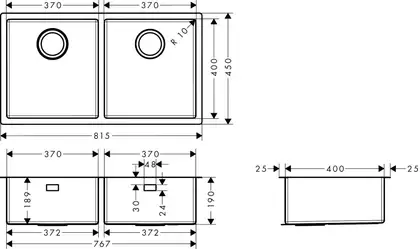 Кухонна мийка Hansgrohe S71 S719-U755 під стільницю 815х450 на 2 чаші 370/370, stainless steel (43430800)