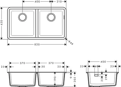 Кухонна мийка Hansgrohe S510-U770 під стільницю 820х450 на дві чаші 370/370, Concretegrey (43434380)