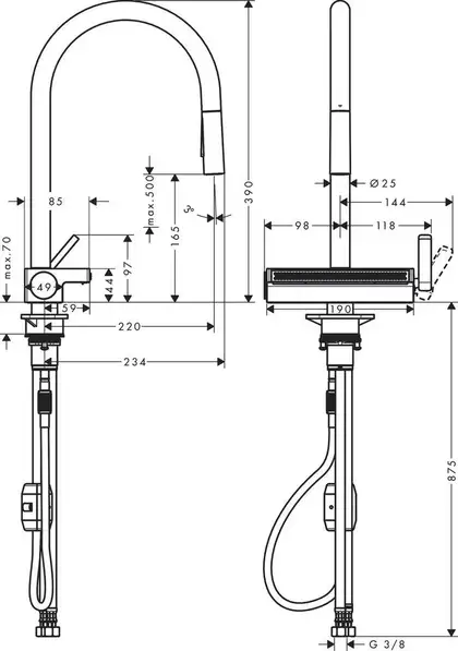 Змішувач кухонний Hansgrohe Aquno Select M81 170 3jet з витяжним зливом, Stainless Steel Finish (73837800)