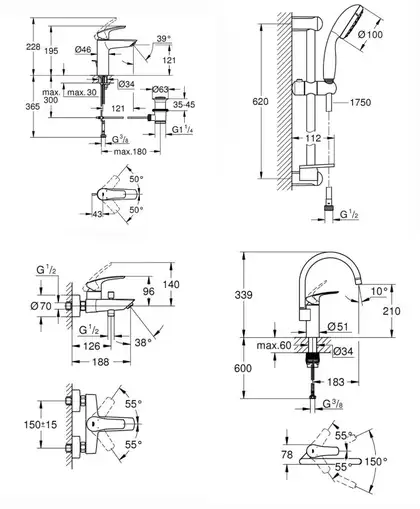 Набір змішувачів для ванни та кухні GROHE Eurosmart New 4 в 1, хром (UA123248UH)