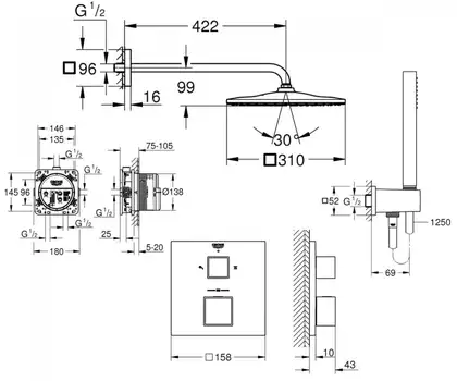 Комплект для душа Grohe Grohtherm Smartcontrol з Rainshower Mono 310 Cube, хром (UA26405SC0)