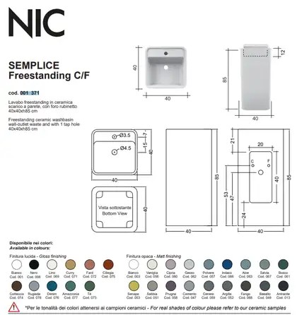 Nic-Design Умивальник окремо стоячий Nic Design Semplice 40х40х85 см з отвором під змішувач, злив у стіну, білий глянець (001371001)