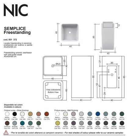 Nic-Design Умивальник окремо стоячий Nic Design Semplice 40х40х85 см без переливу, зі зливом у стіну, Polvere матовий (001372057)