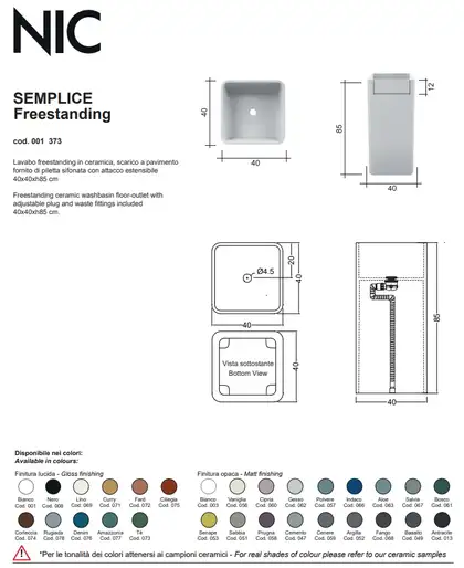 Nic-Design Умивальник окремо стоячий Nic Design Semplice 40х40х85 см без переливу, злив у підлогу, білий глянець (001373001)