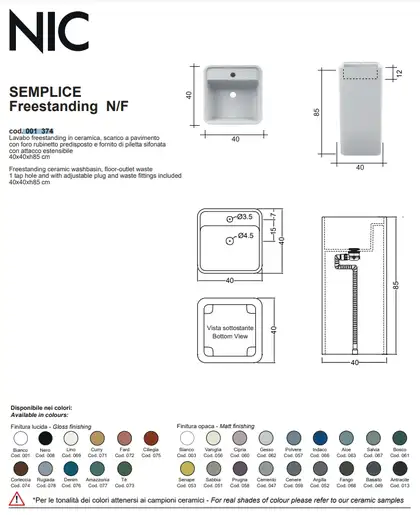 Nic-Design Умивальник окремо стоячий Nic Design Semplice 40х40х85 см з отвором під змішувач зі зливом в підлогу, білий матовий (001374003)