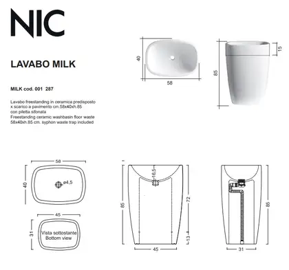 Nic-Design Умивальник окремо стоячий Nic Design Milk 58х40х85 см, злив в підлогу, cemento matt (001287047)