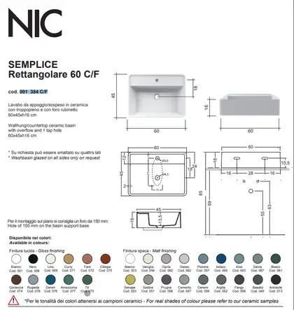 Nic-Design Умивальник на стільницю Nic Design Semplice 60х45х16 см з отвором під змішувач, Cemento матовий C/F (001384047 CF)