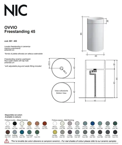 Nic-Design Умивальник окремо стоячий Nic Design Ovvio 45х85 см без переливу, зі зливом в підлогу, білий матовий (001453003)