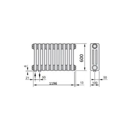 Радіатор трубчатий Zehnder Charleston 3060-26 H=600 мм; L=1196 мм (1222мм); T=100 мм + (35мм) (5510) 1584 Вт, Traffic White (3060-26 RAL 9016 5510)