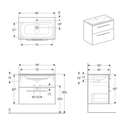 Тумба с раковиной Geberit Selnova Square slim rim 80 см, белый глянцевый (501.240.00.1)