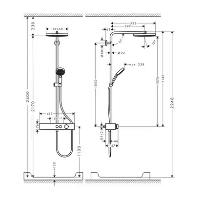 Душова система з термостатом Hansgrohe Pulsify Showerpipe 260 1jet EcoSmart із ShowerTablet Select 400 (колір - білий матовий) 24221700