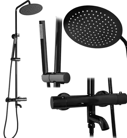 Душевой гарнитур REA LUNGO BLACK GLOSSY с термостатом и изливом (REA-P8763) Душевой гарнитур REA LUNGO BLACK GLOSSY с термостатом и изливом (REA-P8763)