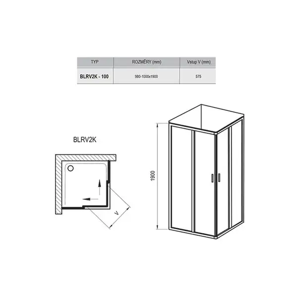 Душевая кабина Ravak Blix BLRV2K-100 (профиль - сатин, стекло - transparent) (1XVA0U00Z1) фото 2 Aquada.com.ua