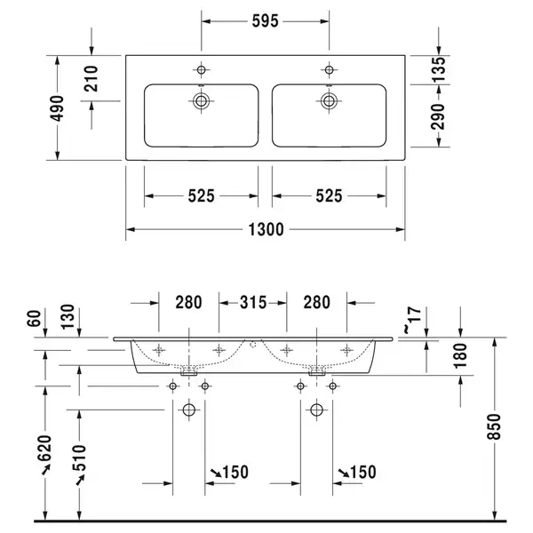Комплект мебели тумба подвесная с двойной раковиной Duravit XSquare 128 х 47,8 см (XS407504040+2336130000) фото 3 Aquada.com.ua